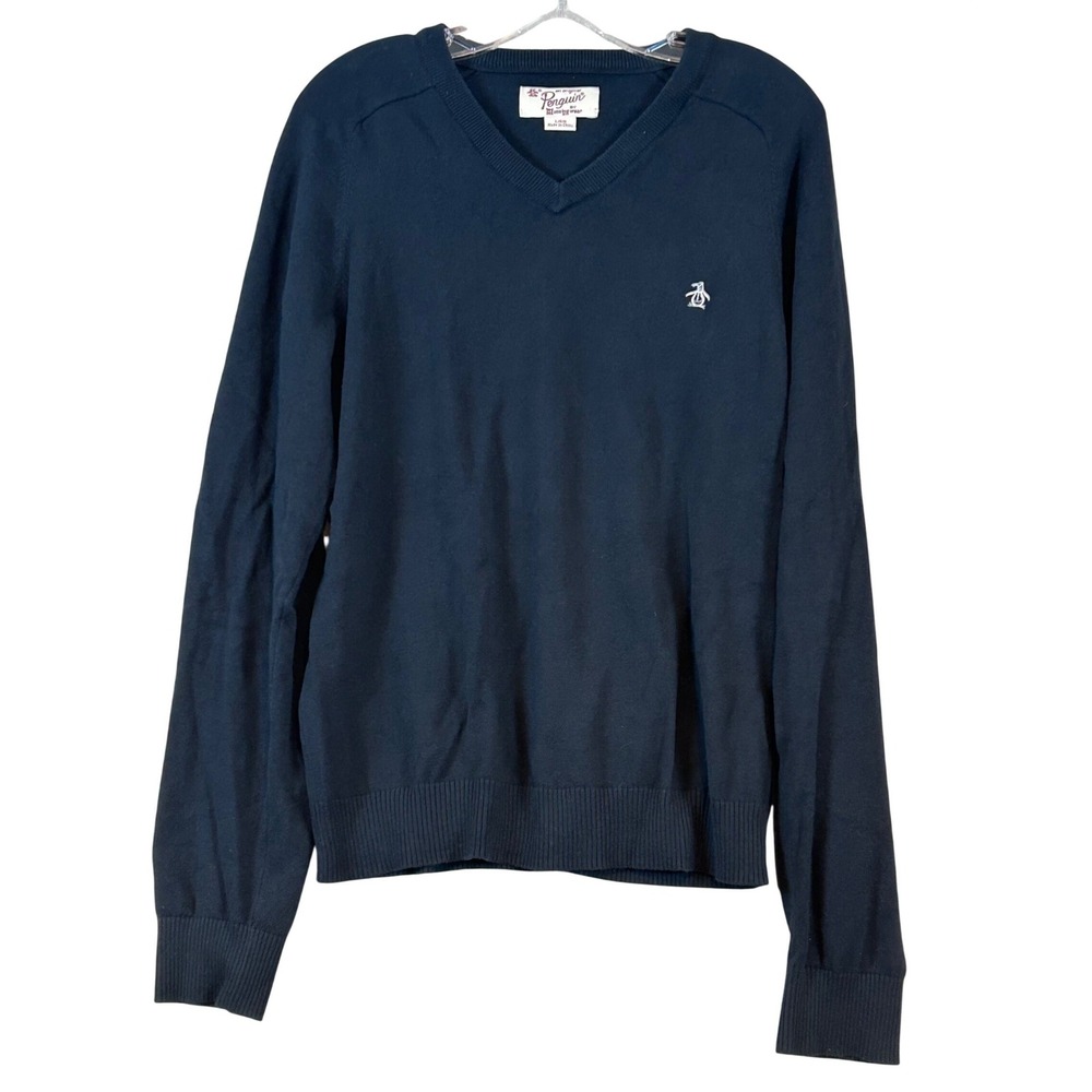 Original Penguin Mens V-Neck Sweater Black Long Sleeve Logo Knit L Layering Prep